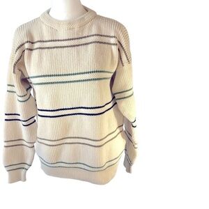 Izod Cotton Pullover Sweater Women M CrewNeck  Cream Contrasting Stripes